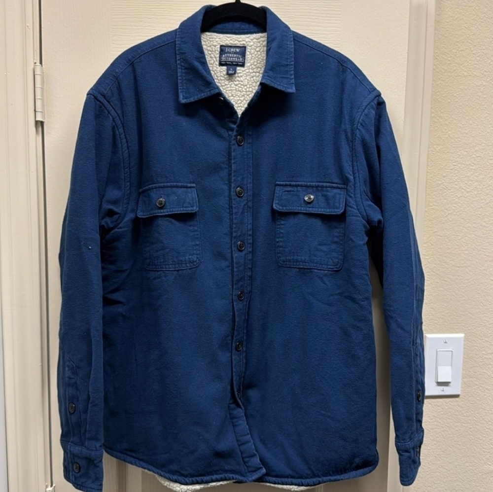 J Crew Sherpa Lined Mens Long Sleeve Shirt Jacket Navy Blue Large